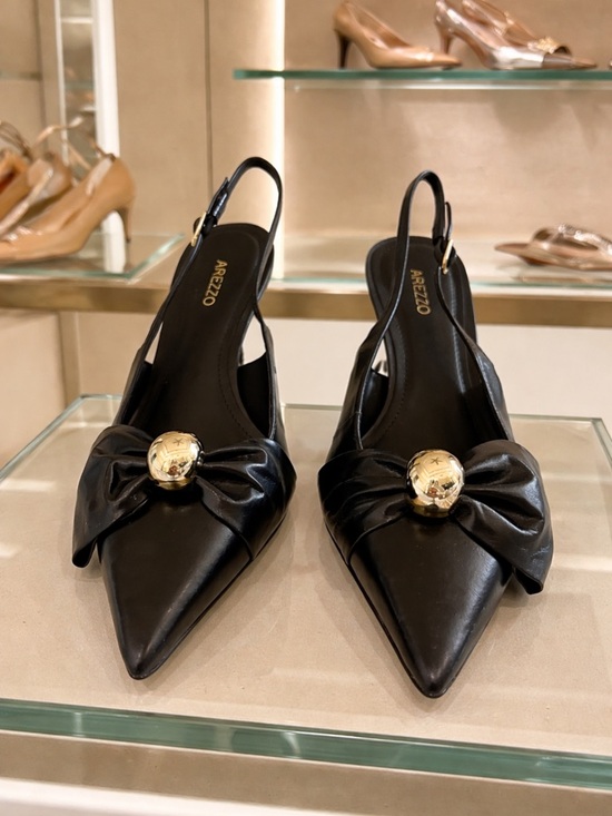 Arezzo Shoes - Arezzo Black Leather Pointed Slingback Flats with Bow & Gold Accent